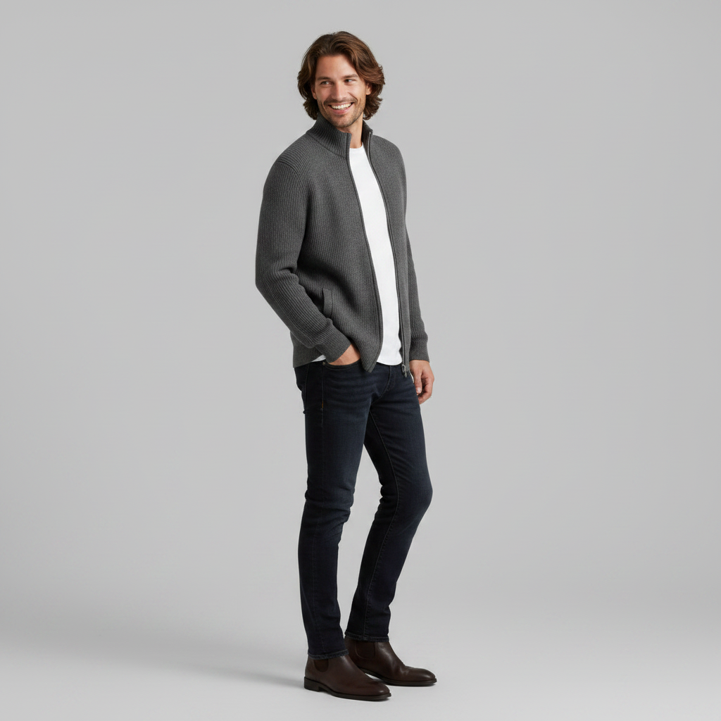 Slim-Fit Cardigan Schwarz | Strickjacke Herren mit Reißverschluss