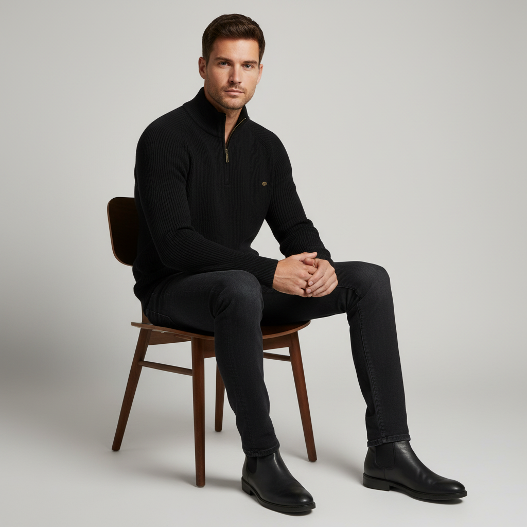 Schwarzer Herrenpullover mit Reißverschluss | Slim-Fit Strickpullover