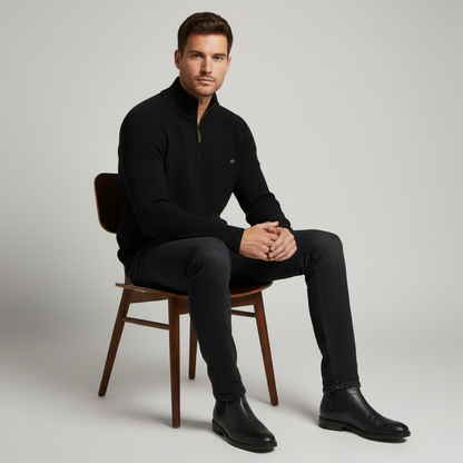 Schwarzer Herrenpullover mit Reißverschluss | Slim-Fit Strickpullover