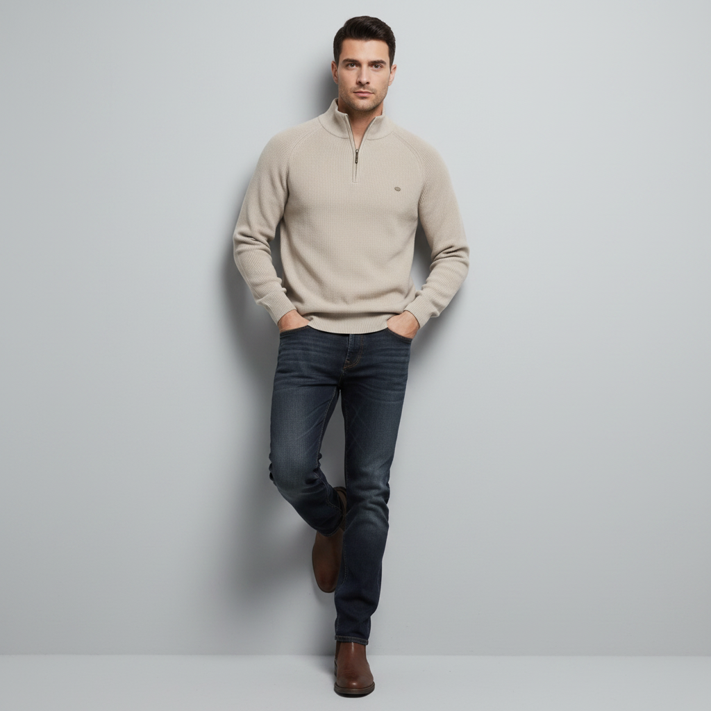 Schwarzer Herrenpullover mit Reißverschluss | Slim-Fit Strickpullover