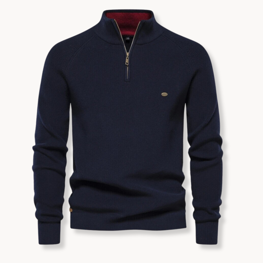 Schwarzer Herrenpullover mit Reißverschluss | Slim-Fit Strickpullover 0
