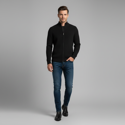 Slim-Fit Cardigan Schwarz | Strickjacke Herren mit Reißverschluss