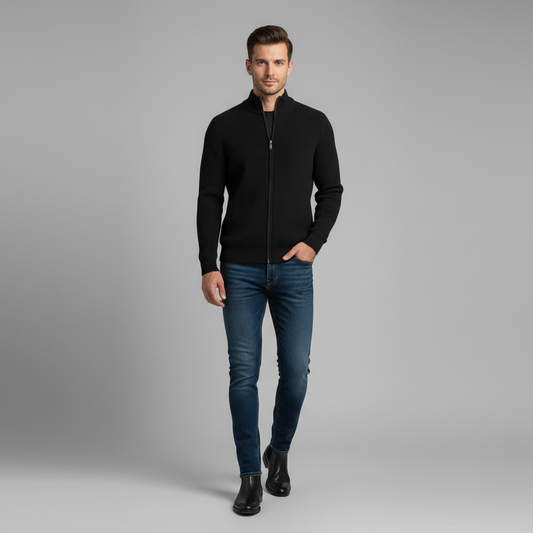 Slim-Fit Cardigan Schwarz | Strickjacke Herren mit Reißverschluss