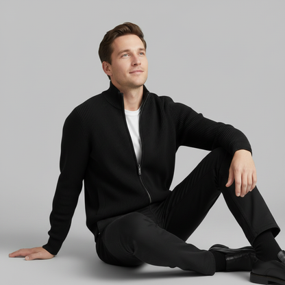 Slim-Fit Cardigan Schwarz | Strickjacke Herren mit Reißverschluss