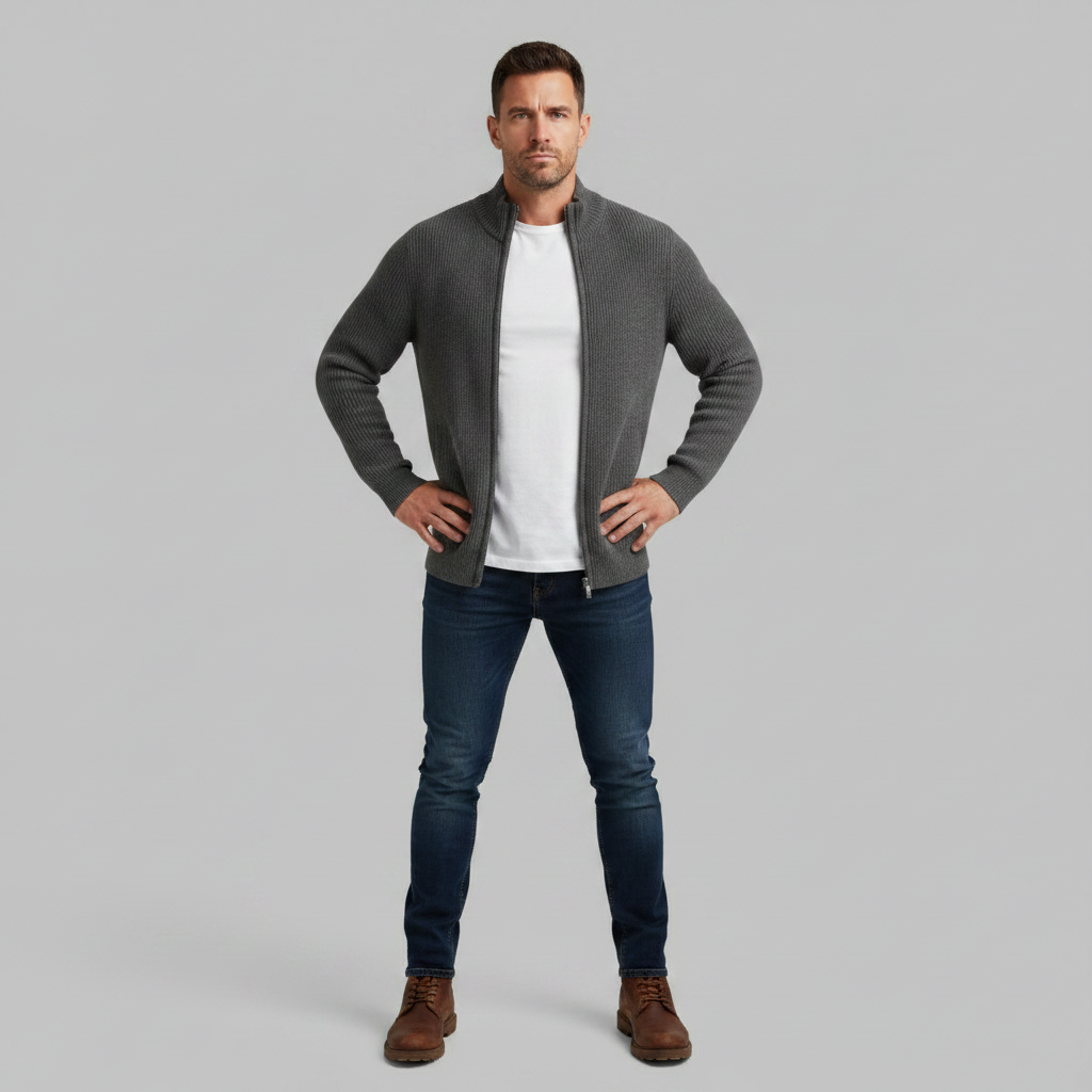 Slim-Fit Cardigan Schwarz | Strickjacke Herren mit Reißverschluss